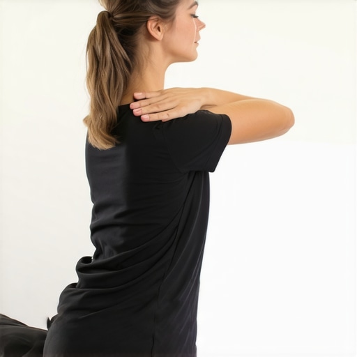 Woman performing a seated spinal rotation to improve thoracic mobility and reduce back pain.