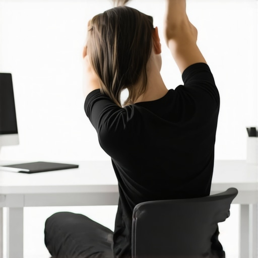 Person performing a mid-back mobility stretch over an office chair to improve posture.