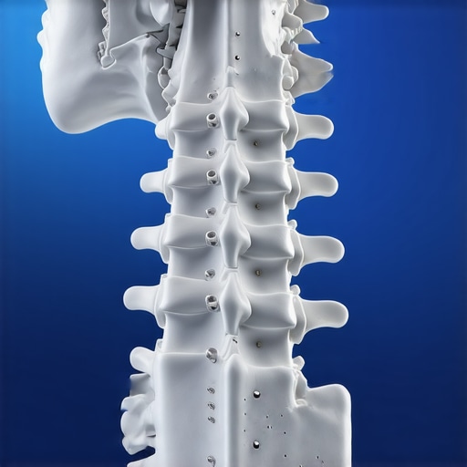 3D anatomical model of a human neck showing nerves and vertebrae alignment