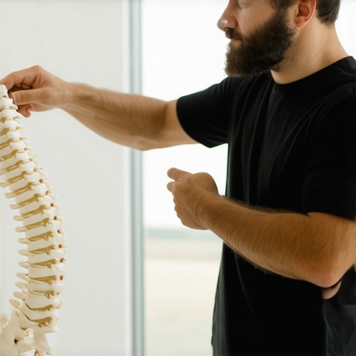 Understanding Spinal Alignment Nuance A chiropractor explaining the natural curves of the spine using a model to show movement variability.