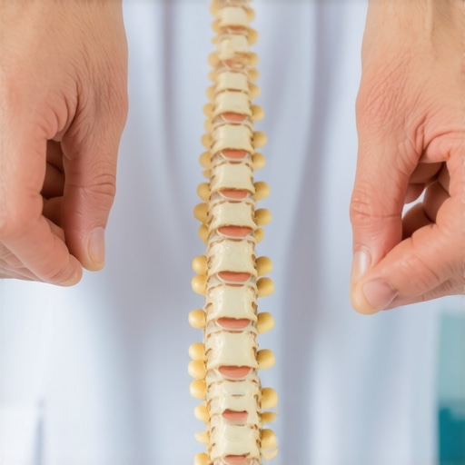 A chiropractor uses a spine model to explain how joint alignment affects muscle tension.