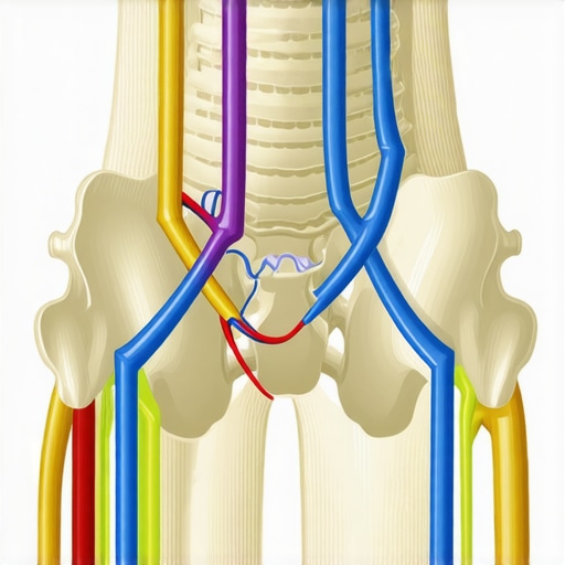Anatomical diagram of the lower back and leg nerves.