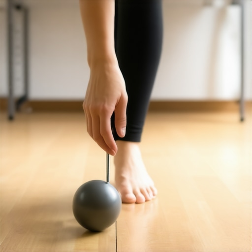 Close-up of a person rolling a lacrosse ball under their foot arch on a wooden floor to improve mobility.