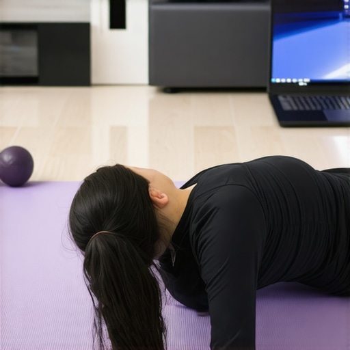 A person performing a targeted hip release using a lacrosse ball on a yoga mat.
