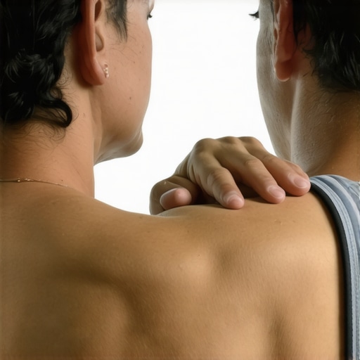 A person using a lacrosse ball against a wall to release tight shoulder blade muscles