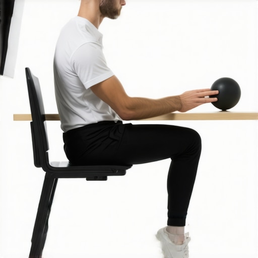 Using a Lacrosse Ball for Upper Back Trigger Points A person performing a mobility exercise at their desk using a lacrosse ball for back pain relief.