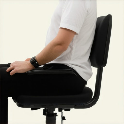 A person using a D-shaped lumbar roll in an office chair to support the lower back curve.