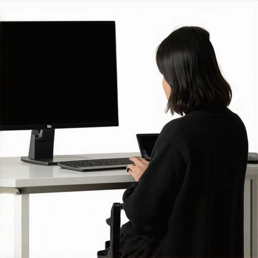 A person using a monitor mirror to check for jaw clenching and shoulder tension while working.