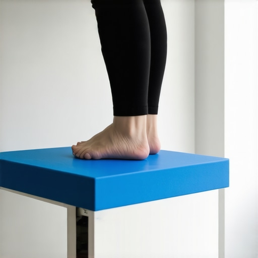 A person standing on a foam half-dome roller at a standing desk to improve ankle mobility.
