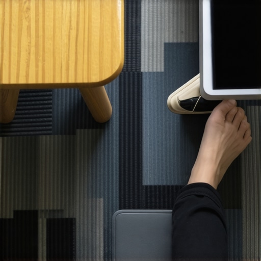Using a topographical mat for active standing Topographical anti-fatigue mat and footstool at a standing desk setup